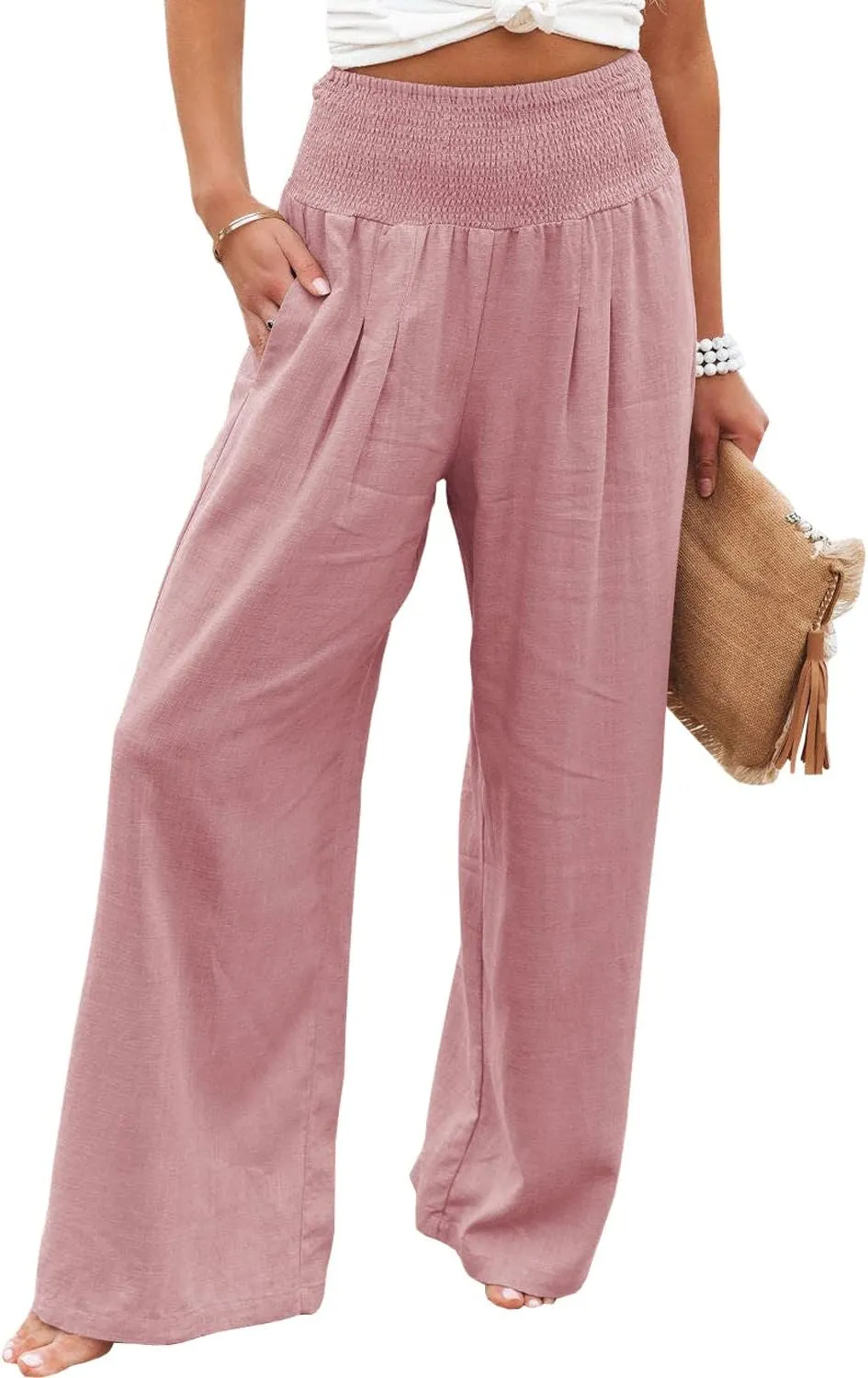 Vansha Women Summer High Waisted Cotton Linen Palazzo Pants Wide Leg Long Lounge Pant Trousers with Pocket