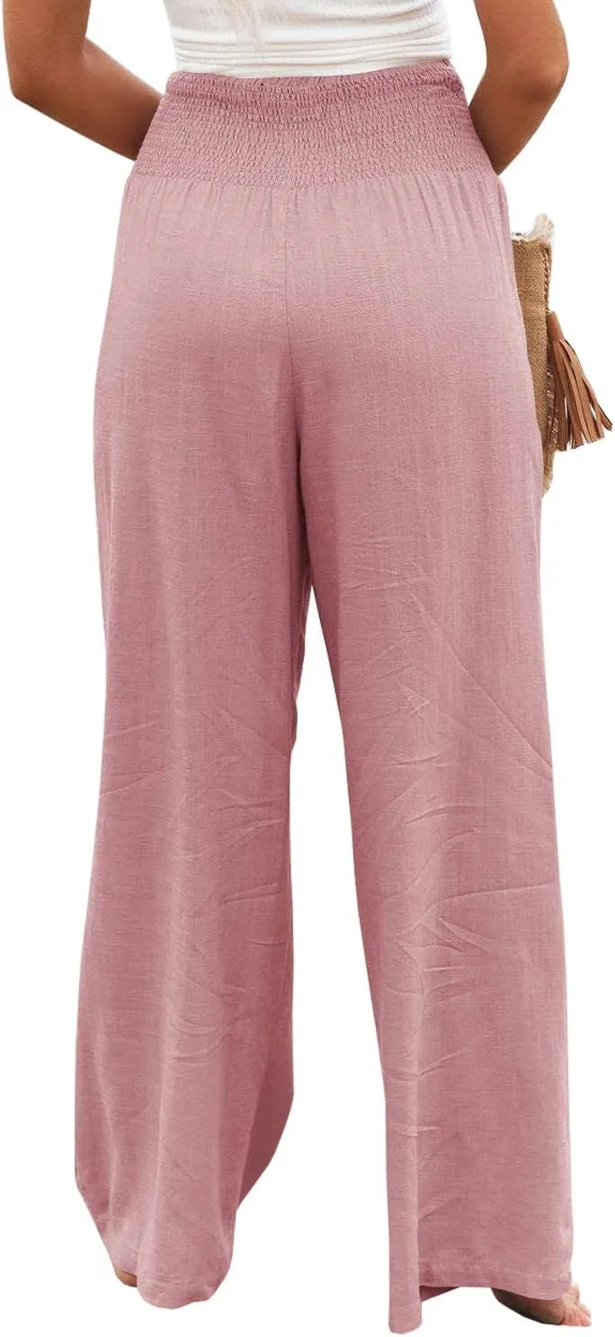 Vansha Women Summer High Waisted Cotton Linen Palazzo Pants Wide Leg Long Lounge Pant Trousers with Pocket