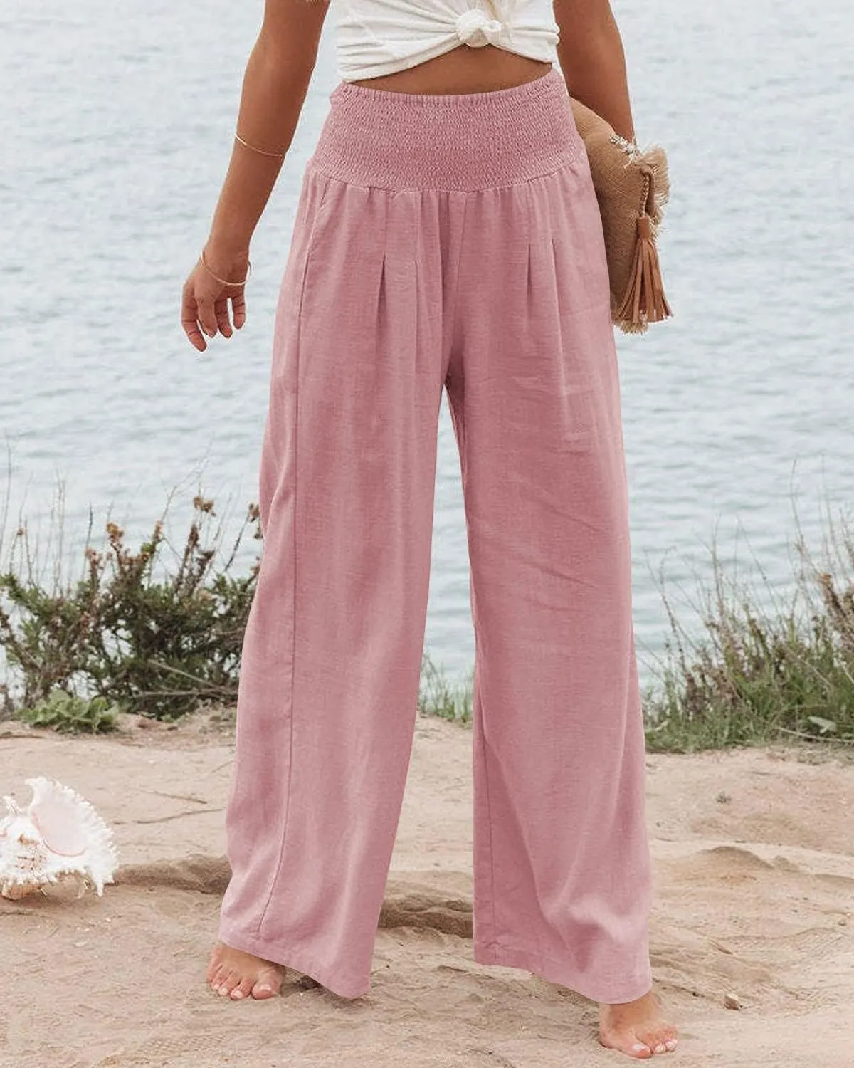 Vansha Women Summer High Waisted Cotton Linen Palazzo Pants Wide Leg Long Lounge Pant Trousers with Pocket
