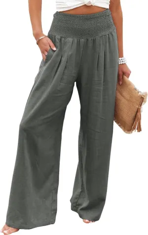 Vansha Women Summer High Waisted Cotton Linen Palazzo Pants Wide Leg Long Lounge Pant Trousers with Pocket