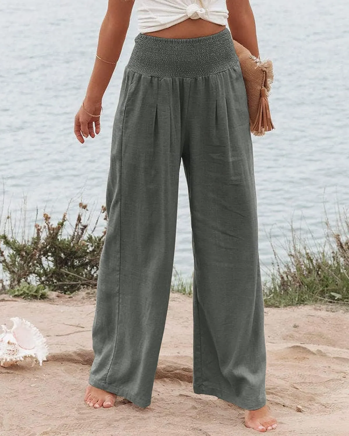 Vansha Women Summer High Waisted Cotton Linen Palazzo Pants Wide Leg Long Lounge Pant Trousers with Pocket