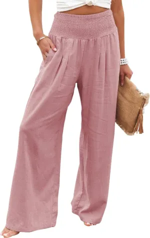 Vansha Women Summer High Waisted Cotton Linen Palazzo Pants Wide Leg Long Lounge Pant Trousers with Pocket