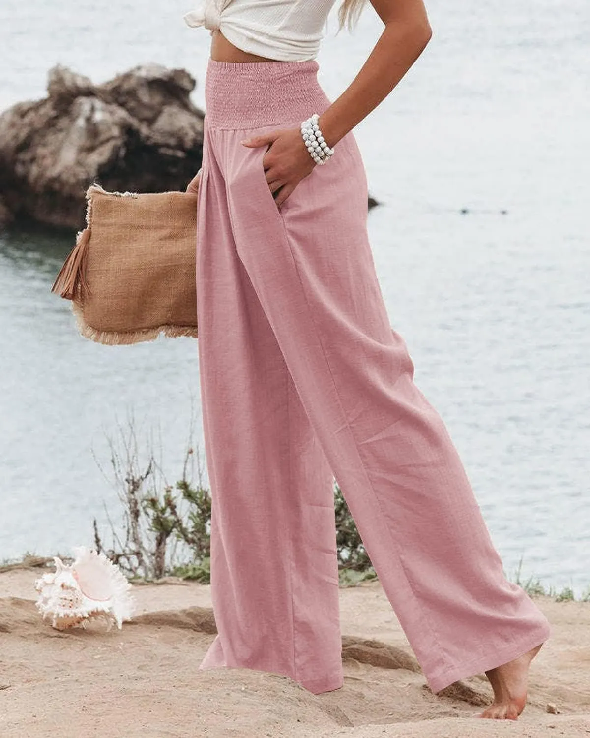 Vansha Women Summer High Waisted Cotton Linen Palazzo Pants Wide Leg Long Lounge Pant Trousers with Pocket