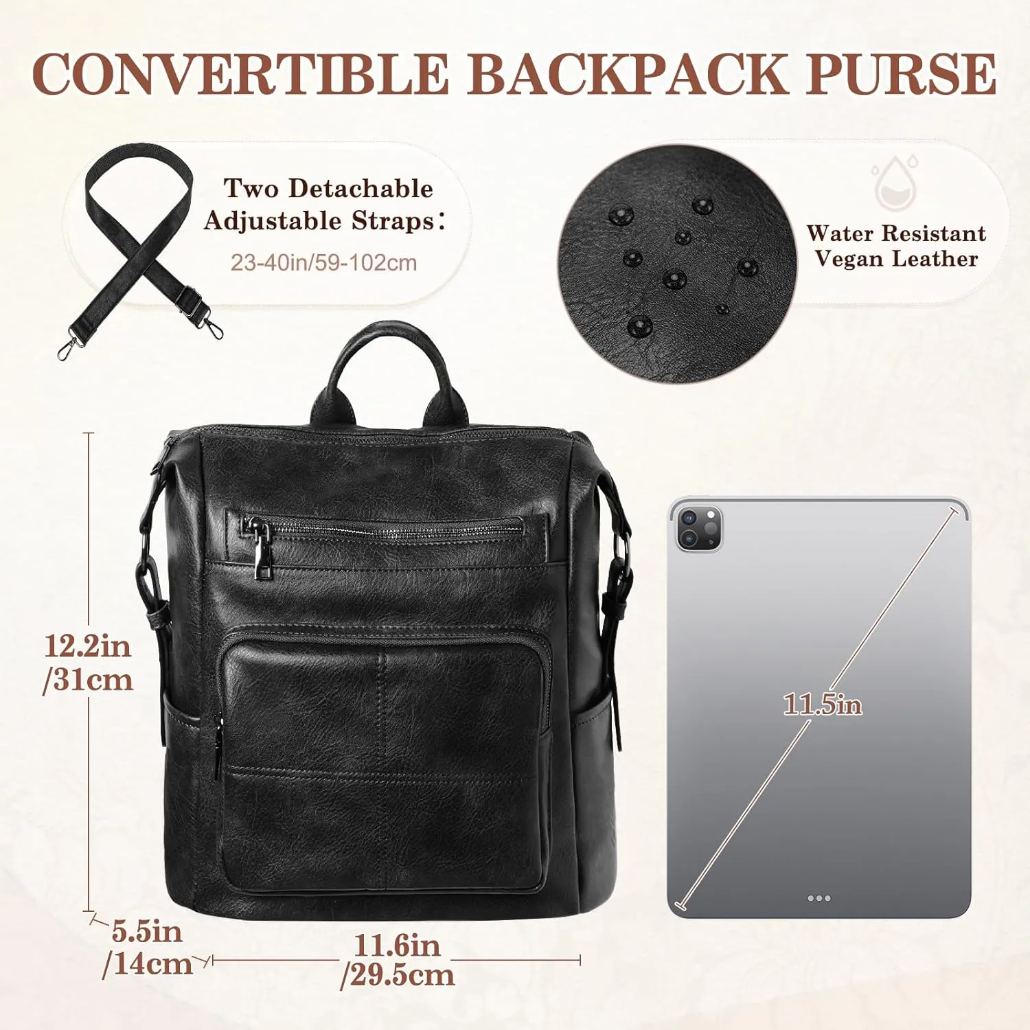 VASCHY Backpack Purse for Women,Vegan Fashion Leather Medium Convertible Ladies Backpack Shoulder Bag for Travel/Work/Diaper Black