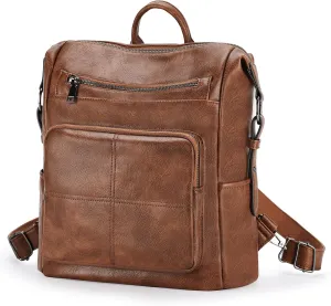 VASCHY Backpack Purse for Women,Vegan Fashion Leather Medium Convertible Ladies Backpack Shoulder Bag for Travel/Work/Diaper Brown