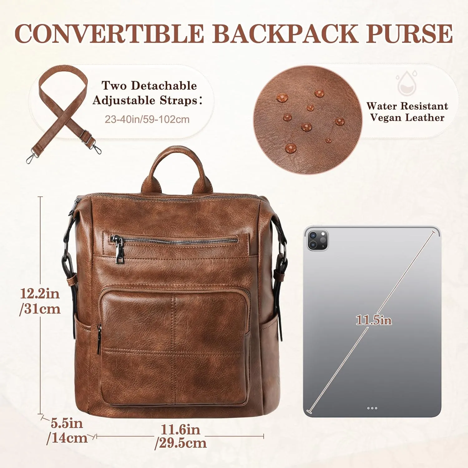VASCHY Backpack Purse for Women,Vegan Fashion Leather Medium Convertible Ladies Backpack Shoulder Bag for Travel/Work/Diaper Brown