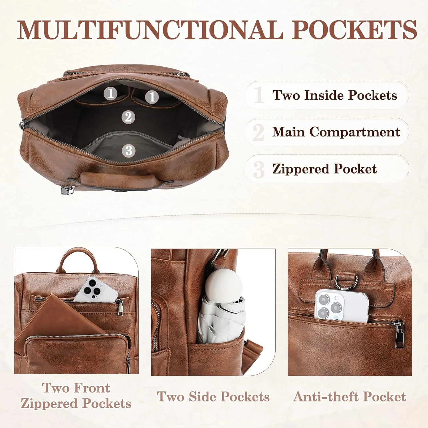 VASCHY Backpack Purse for Women,Vegan Fashion Leather Medium Convertible Ladies Backpack Shoulder Bag for Travel/Work/Diaper Brown