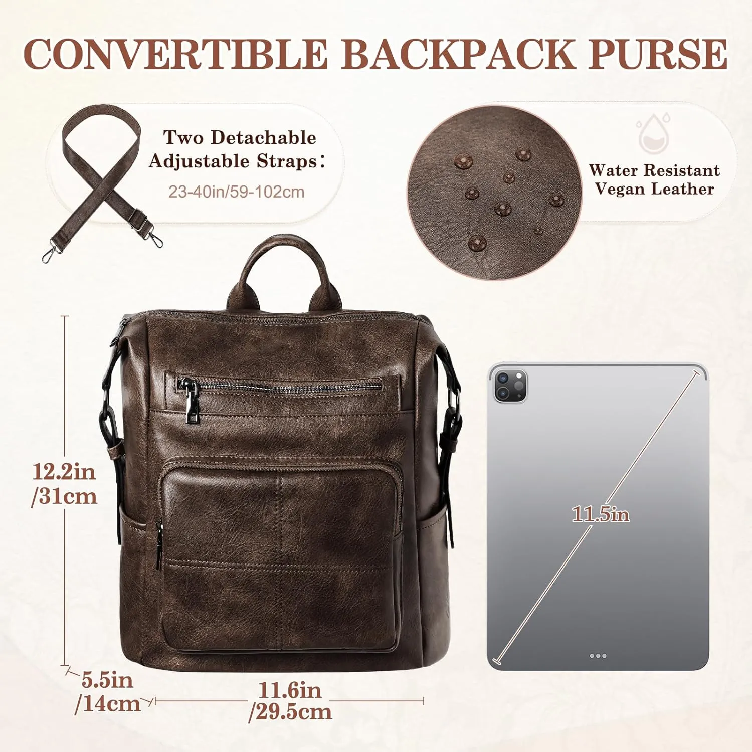 VASCHY Backpack Purse for Women,Vegan Fashion Leather Medium Convertible Ladies Backpack Shoulder Bag for Travel/Work/Diaper Coffee