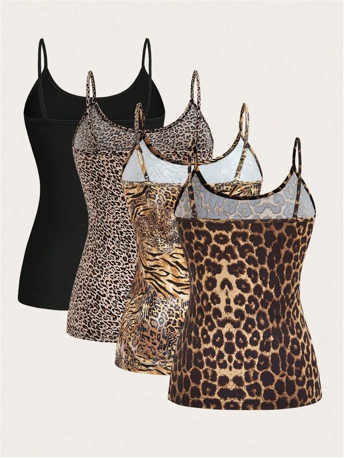 Verdusa Women's 4 Pack Cheetah Print Cami Top Scoop Neck Backless Fitted Camisole