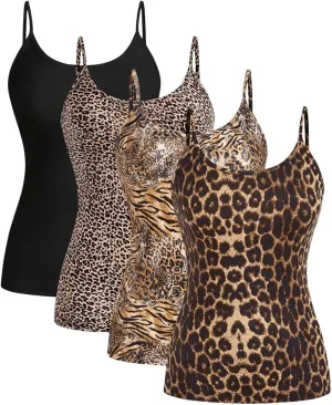 Verdusa Women's 4 Pack Cheetah Print Cami Top Scoop Neck Backless Fitted Camisole