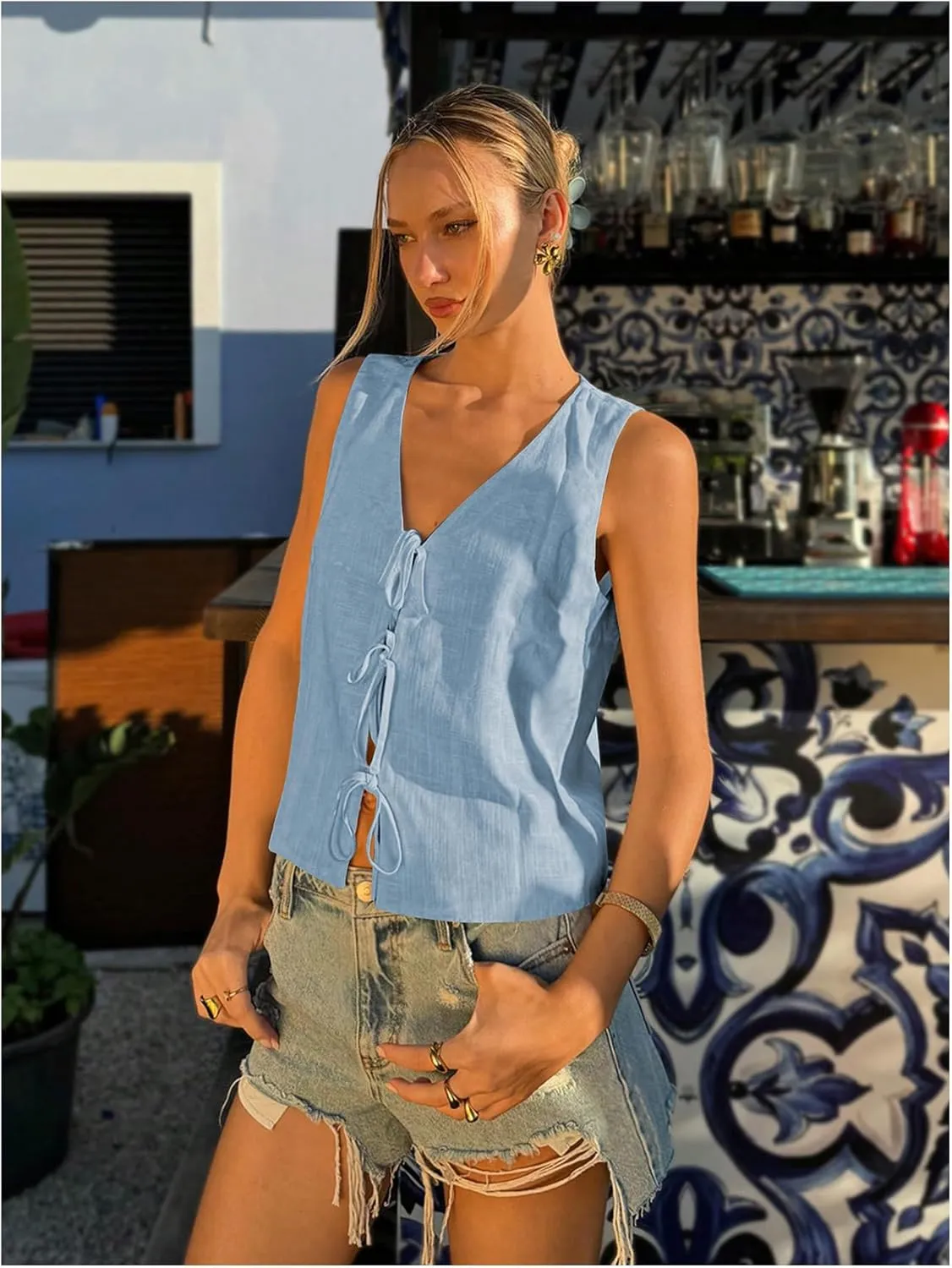 Verdusa Women's Old Money Clothes Bow Tie Front Vest Sleeveless V Neck Summer Cardigan Tank Tops