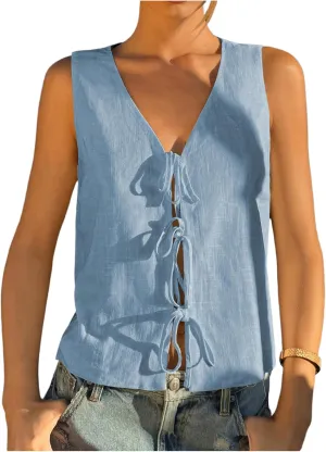 Verdusa Women's Old Money Clothes Bow Tie Front Vest Sleeveless V Neck Summer Cardigan Tank Tops
