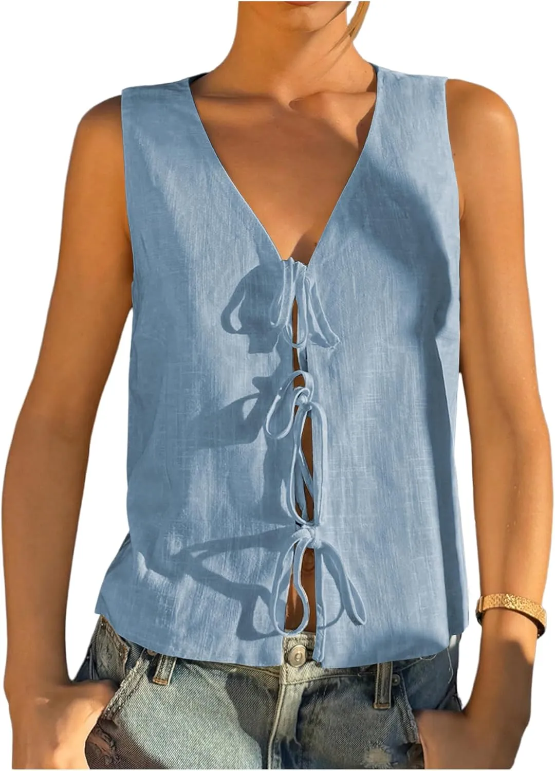 Verdusa Women's Old Money Clothes Bow Tie Front Vest Sleeveless V Neck Summer Cardigan Tank Tops