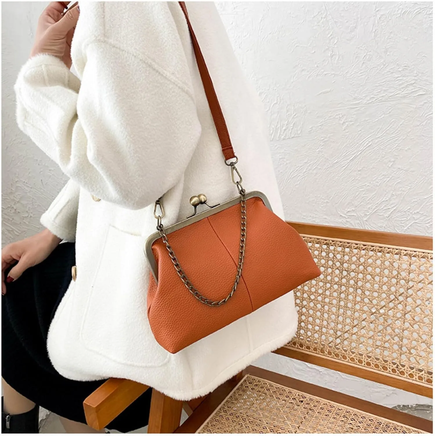 Vintage Kiss Lock Tote Women 2025 Clasp Clutch PU Leather Purse Crossbody Shoulder Bag Everyday Chic Messenger Handbag