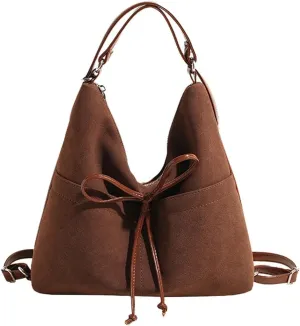 Vintage Suede Bow Tote Bag Chic Underarm Purse Satchel Casual Shoulder Bag Backpacks Crossbody Hobo Bag for Women Girls