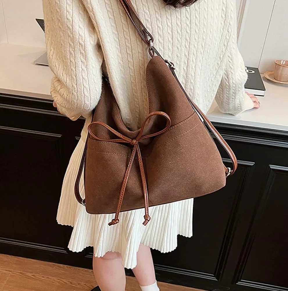 Vintage Suede Bow Tote Bag Chic Underarm Purse Satchel Casual Shoulder Bag Backpacks Crossbody Hobo Bag for Women Girls