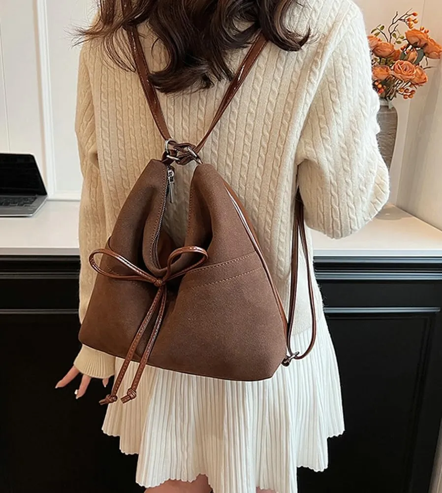 Vintage Suede Bow Tote Bag Chic Underarm Purse Satchel Casual Shoulder Bag Backpacks Crossbody Hobo Bag for Women Girls