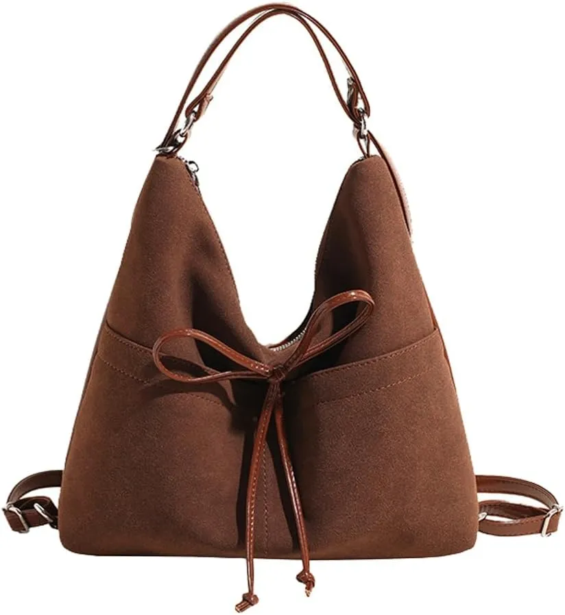 Vintage Suede Bow Tote Bag Chic Underarm Purse Satchel Casual Shoulder Bag Backpacks Crossbody Hobo Bag for Women Girls