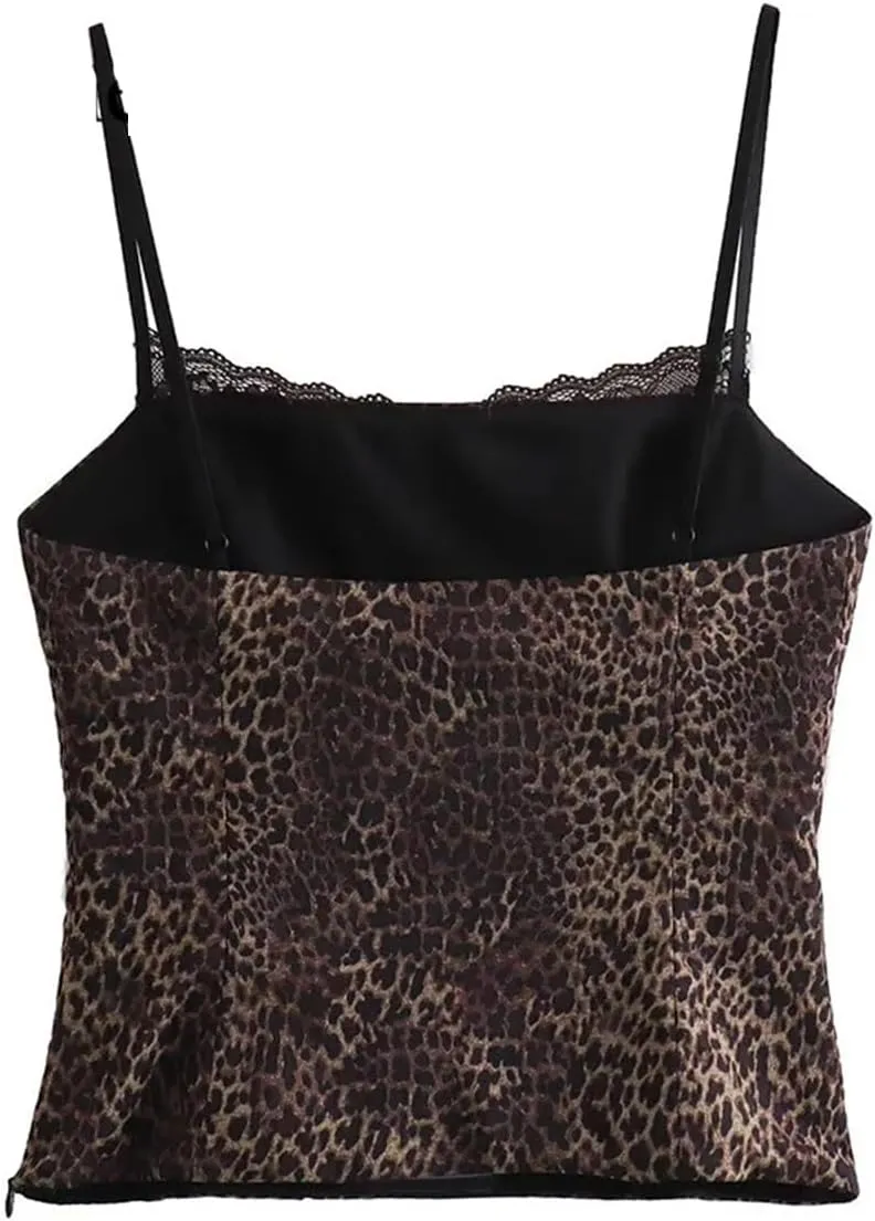 Women Backless Lace Hem Side Zipper Camisole Vintage Thin Straps Square Neck Tops