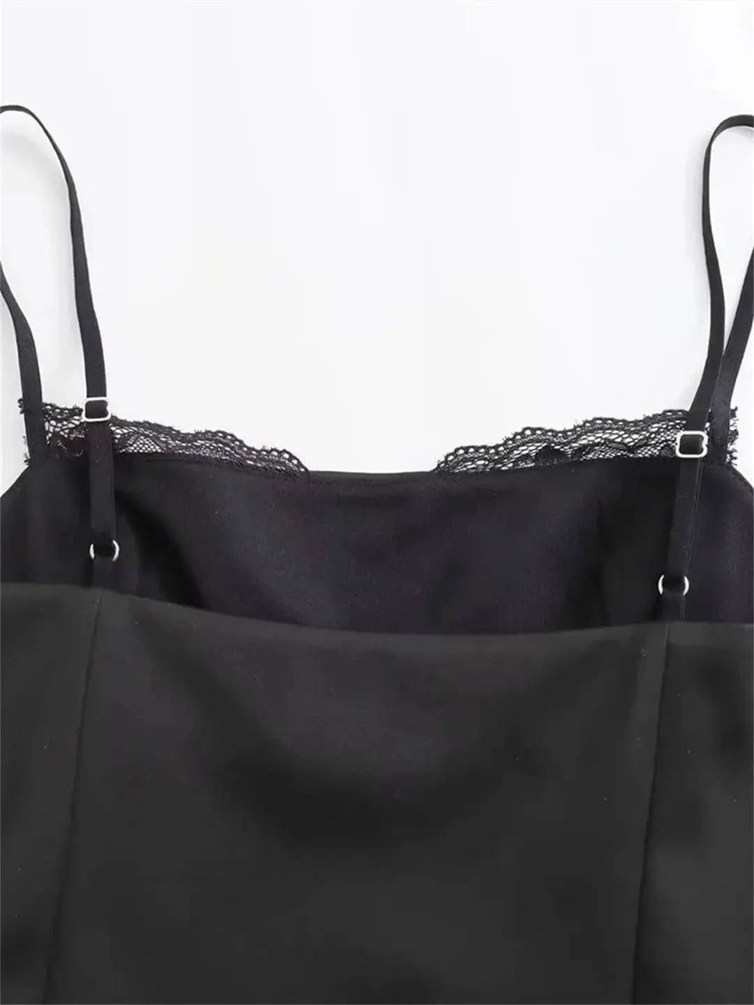 Women Backless Lace Hem Side Zipper Camisole Vintage Thin Straps Square Neck Tops