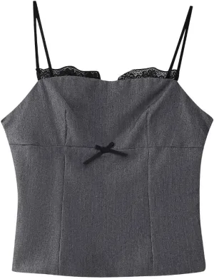 Women Backless Lace Hem Side Zipper Camisole Vintage Thin Straps Square Neck Tops