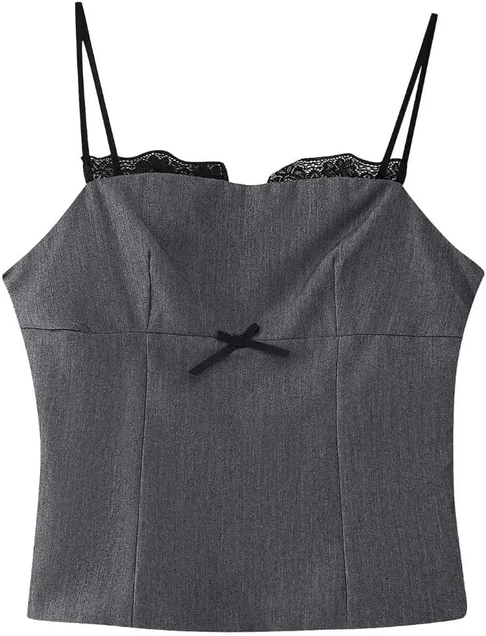 Women Backless Lace Hem Side Zipper Camisole Vintage Thin Straps Square Neck Tops