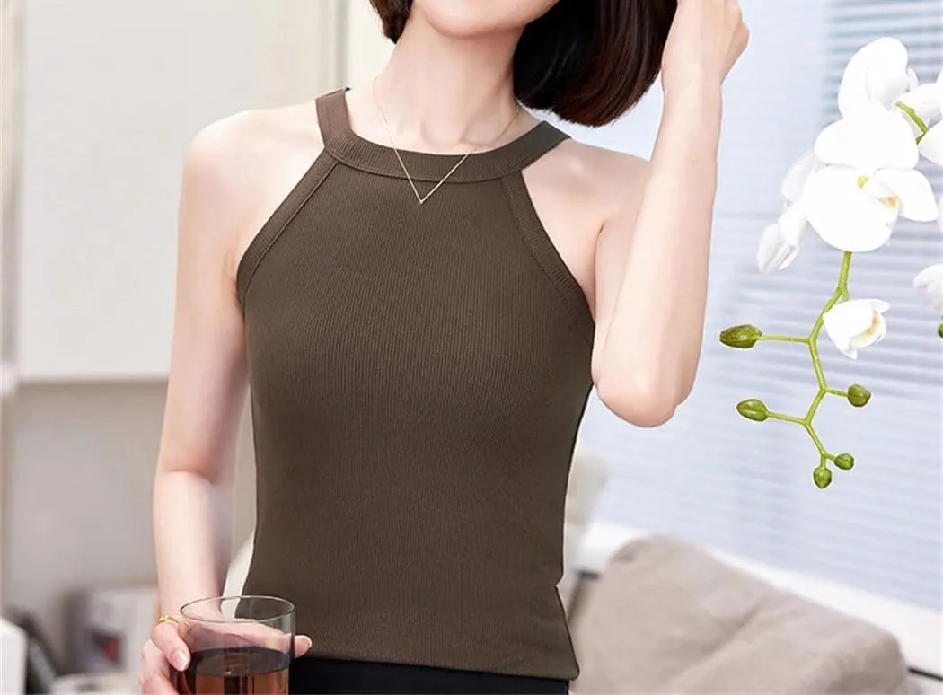 Women Crew Neck Cropped Tank Top Summer Sleeveless Knitted Camisole Vacation Beach Vest