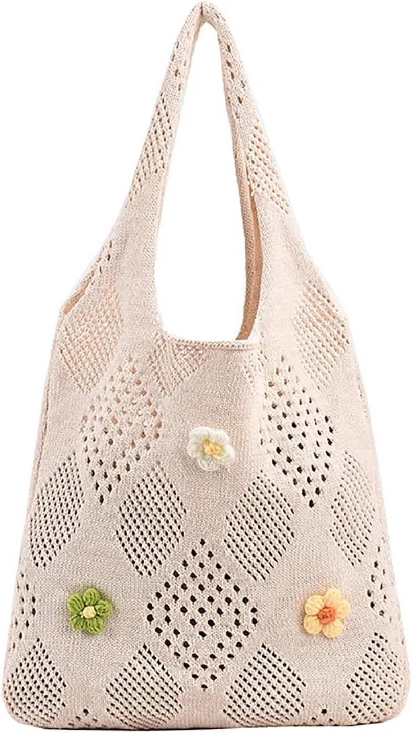 Women Cute Floral Hollow Out Knitted Tote Handbags Handmade Crochet Shoulder Bag Y2K Chic Hobo Bag for Shopping