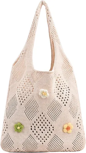 Women Cute Floral Hollow Out Knitted Tote Handbags Handmade Crochet Shoulder Bag Y2K Chic Hobo Bag for Shopping
