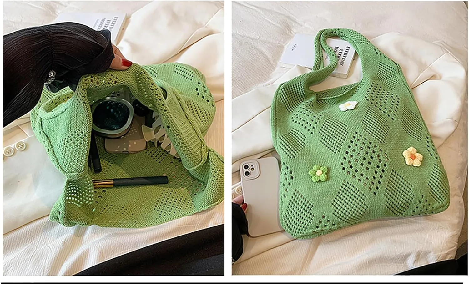 Women Cute Floral Hollow Out Knitted Tote Handbags Handmade Crochet Shoulder Bag Y2K Chic Hobo Bag for Shopping