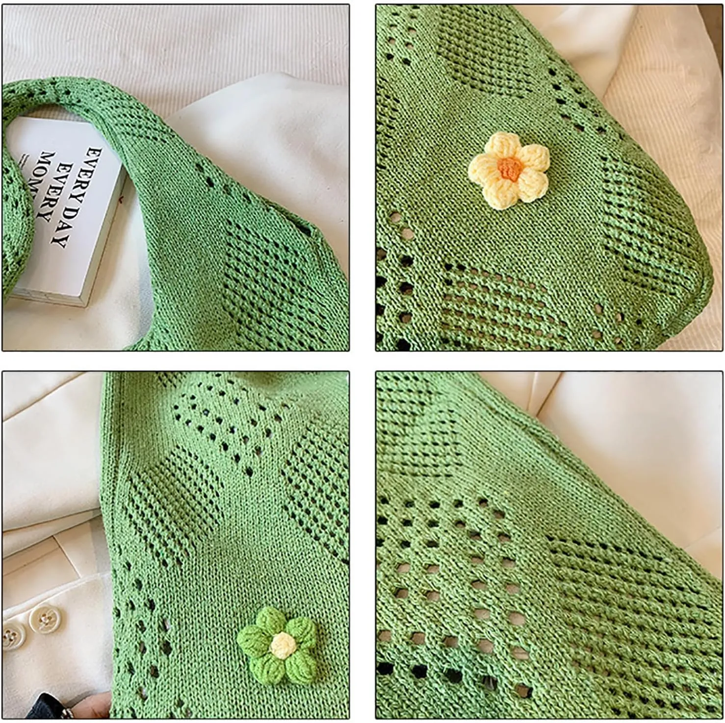 Women Cute Floral Hollow Out Knitted Tote Handbags Handmade Crochet Shoulder Bag Y2K Chic Hobo Bag for Shopping