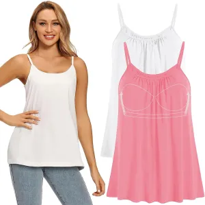 Women Flowy Pleated Camisole with Built in Bra Loose Casual Sleeveless Tank Tops