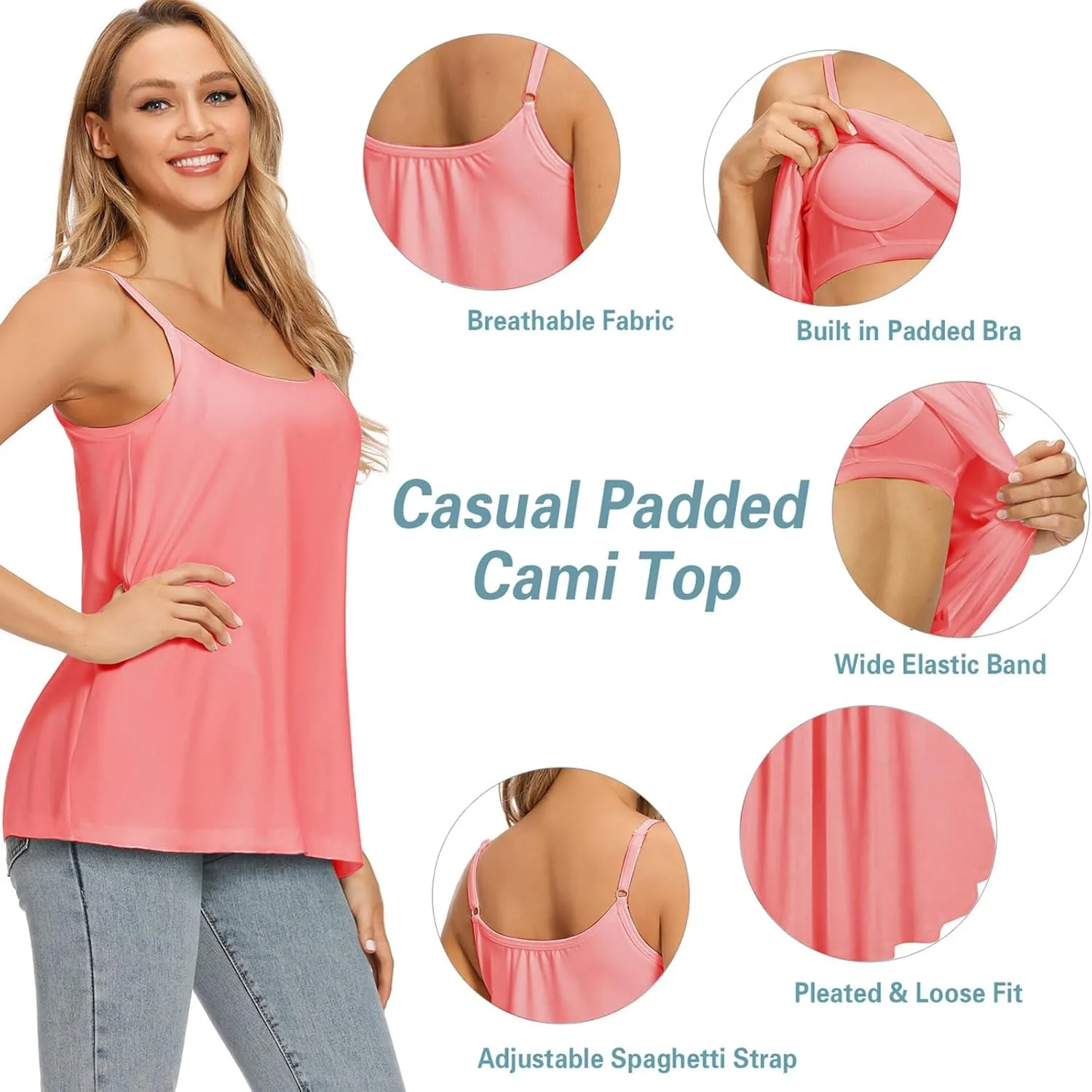 Women Flowy Pleated Camisole with Built in Bra Loose Casual Sleeveless Tank Tops