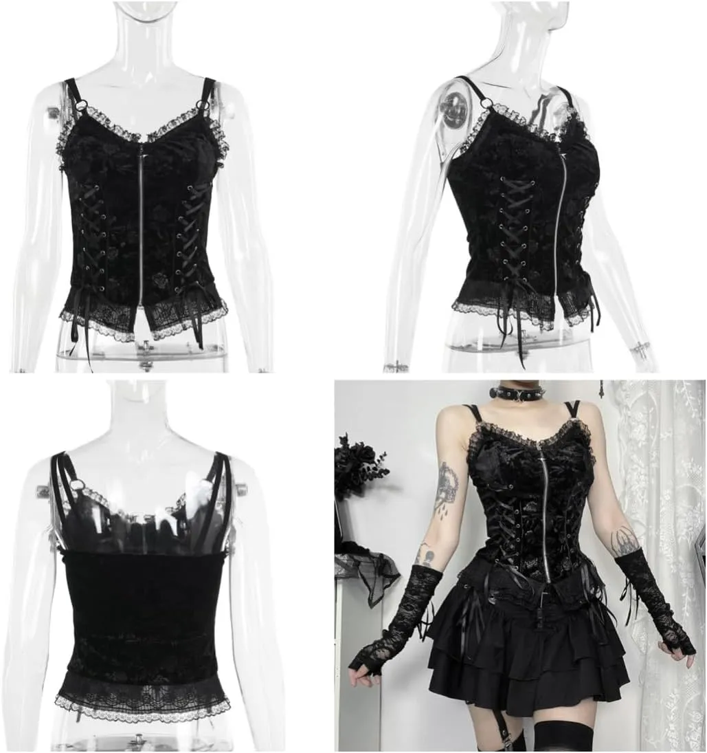Women Gothic Crop Tank Top Sleeveless Camisole Tops Y2K Grunge Blouse Cami Shirt