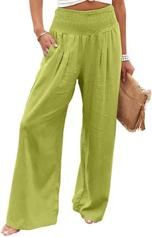 Women Linen Palazzo Pants Summer Boho Wide Leg High Waist Casual Pant Trousers with Pockets