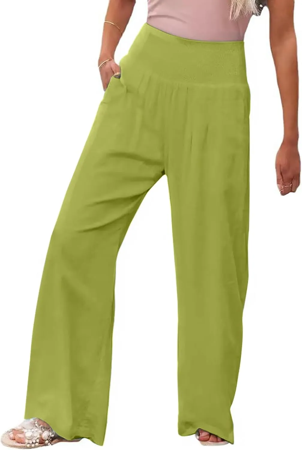 Women Linen Palazzo Pants Summer Boho Wide Leg High Waist Casual Pant Trousers with Pockets
