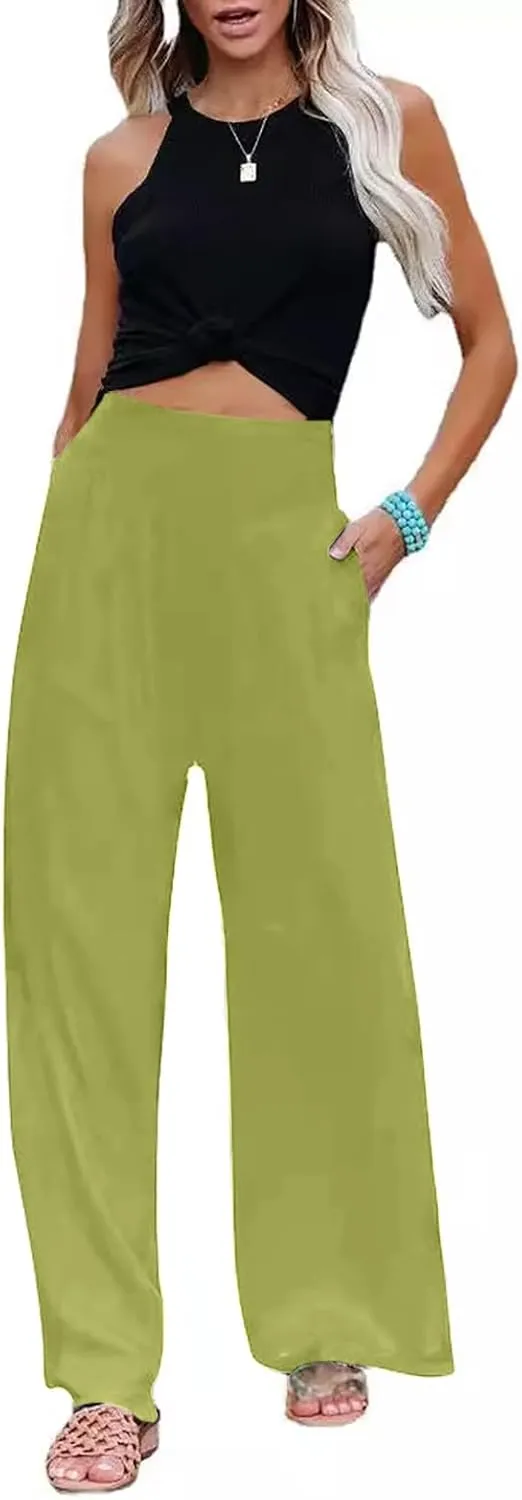 Women Linen Palazzo Pants Summer Boho Wide Leg High Waist Casual Pant Trousers with Pockets