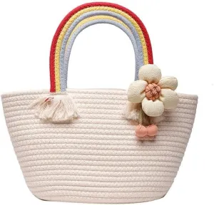 Women Straw Woven Chic Tote Large Beach Bag Rainbow Hobo Basket Handbag Summer Handwoven Shoulder Bag Cute Flower Pendant
