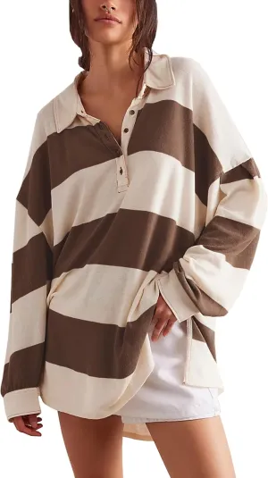 Women Striped Oversized Sweatshirt Long Sleeve Button Shirt Fall Fashion Hoodies Pullover Tops