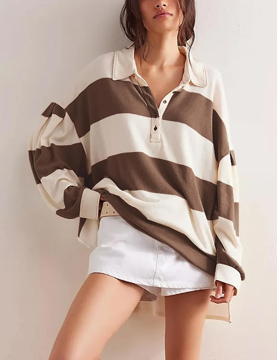 Women Striped Oversized Sweatshirt Long Sleeve Button Shirt Fall Fashion Hoodies Pullover Tops