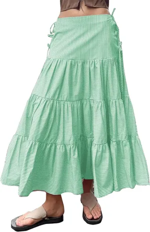 Women Striped Tiered Maxi Skirt Y2k Side Tie Up Low Rise A Line Flowy Beach Long Skirt Cute Going Out Streetwear