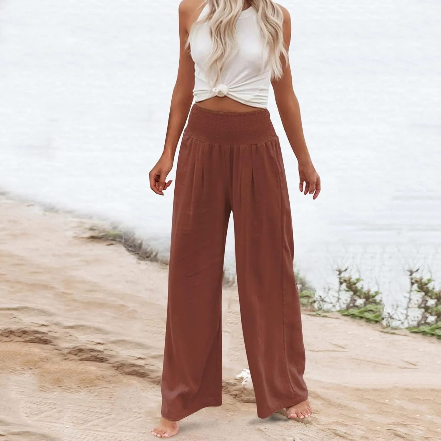 Women Summer Palazzo Pants High Elastic Waisted Cotton Linen Pants Wide Leg Long Leisure Pant Trousers Beach