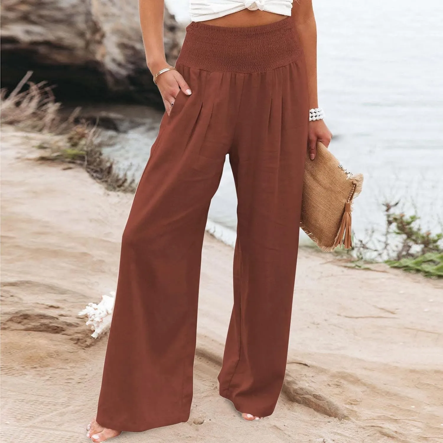 Women Summer Palazzo Pants High Elastic Waisted Cotton Linen Pants Wide Leg Long Leisure Pant Trousers Beach
