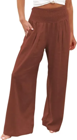 Women Summer Palazzo Pants High Elastic Waisted Cotton Linen Pants Wide Leg Long Leisure Pant Trousers Beach