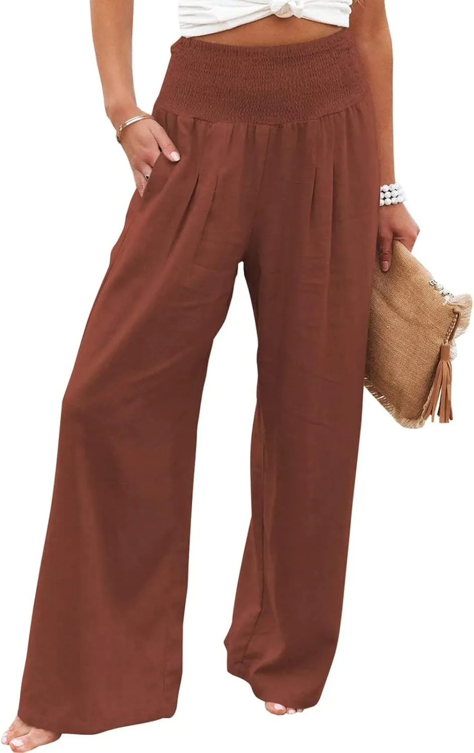 Women Summer Palazzo Pants High Elastic Waisted Cotton Linen Pants Wide Leg Long Leisure Pant Trousers Beach