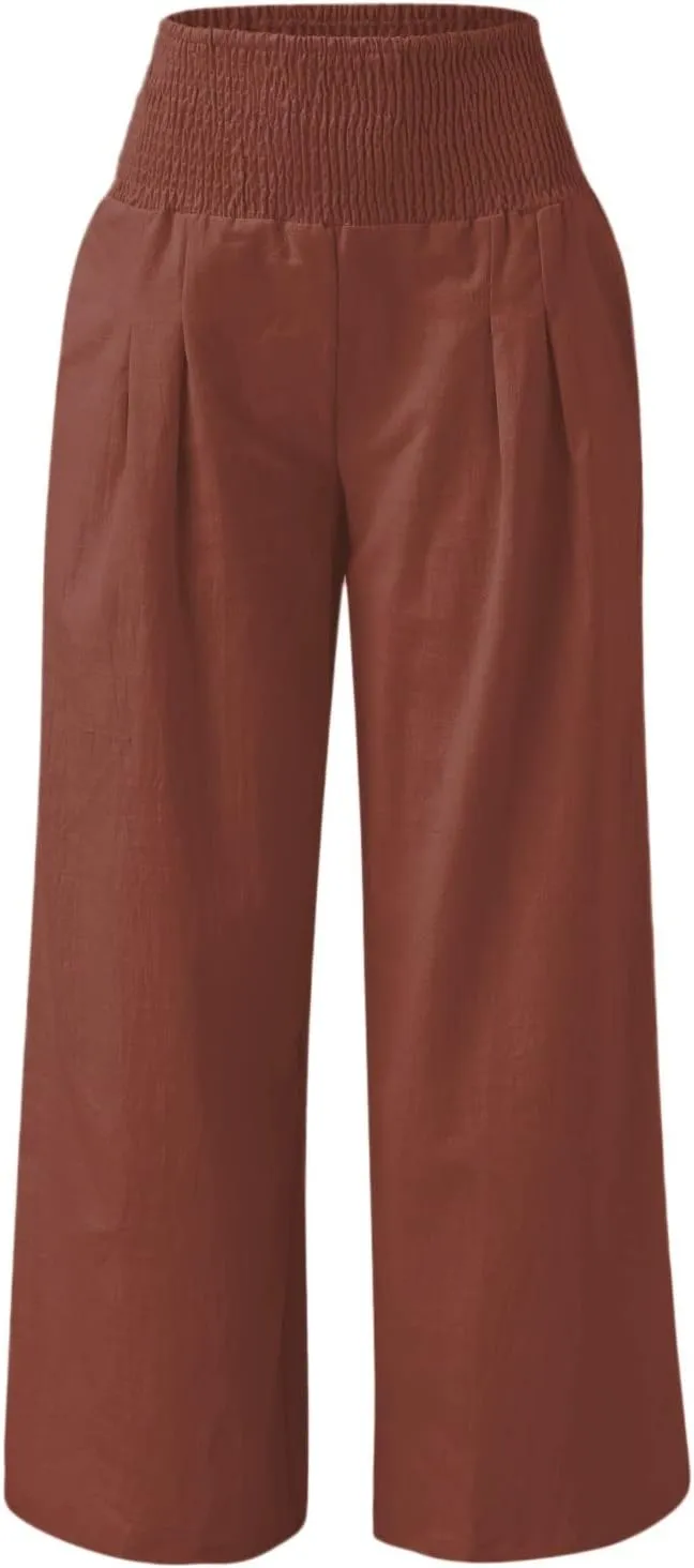 Women Summer Palazzo Pants High Elastic Waisted Cotton Linen Pants Wide Leg Long Leisure Pant Trousers Beach