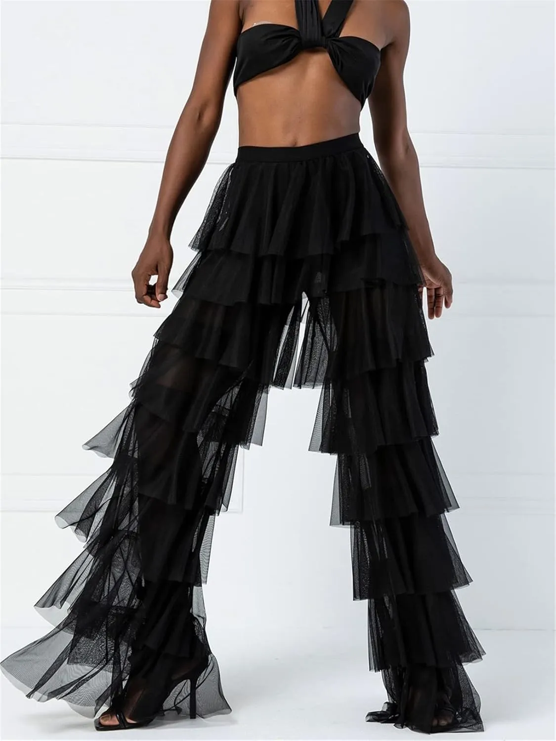 Women Tulle Pants Ruffle Solid Ruched High Waist Layered Sheer See Through Trouser Y2k Sexy Party Dress Up Streetwear