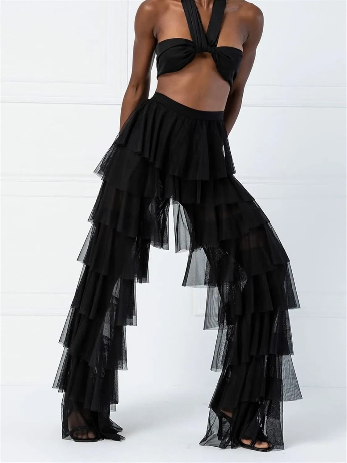 Women Tulle Pants Ruffle Solid Ruched High Waist Layered Sheer See Through Trouser Y2k Sexy Party Dress Up Streetwear
