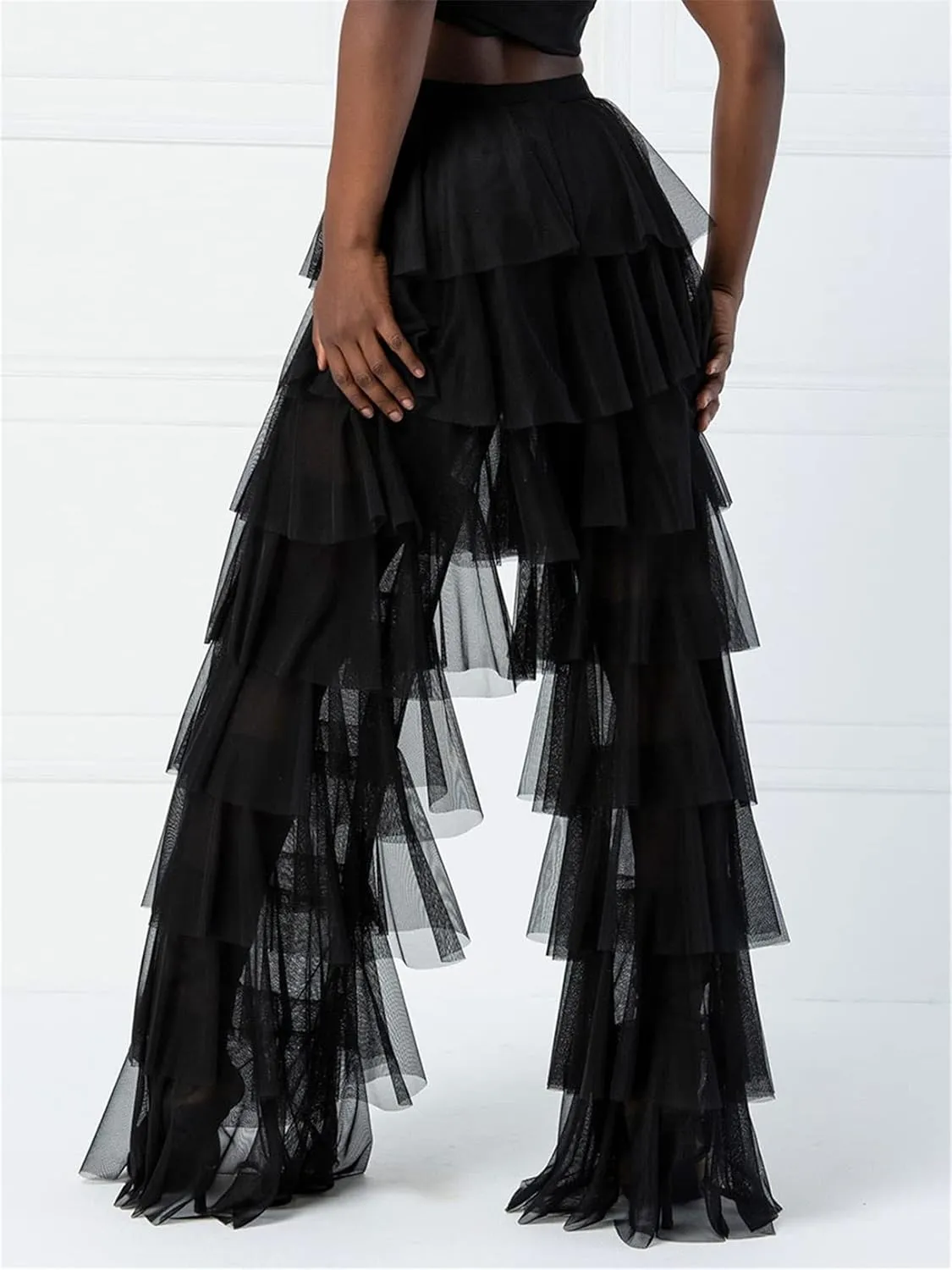 Women Tulle Pants Ruffle Solid Ruched High Waist Layered Sheer See Through Trouser Y2k Sexy Party Dress Up Streetwear