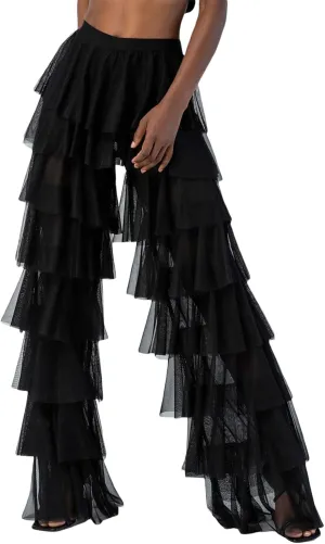 Women Tulle Pants Ruffle Solid Ruched High Waist Layered Sheer See Through Trouser Y2k Sexy Party Dress Up Streetwear